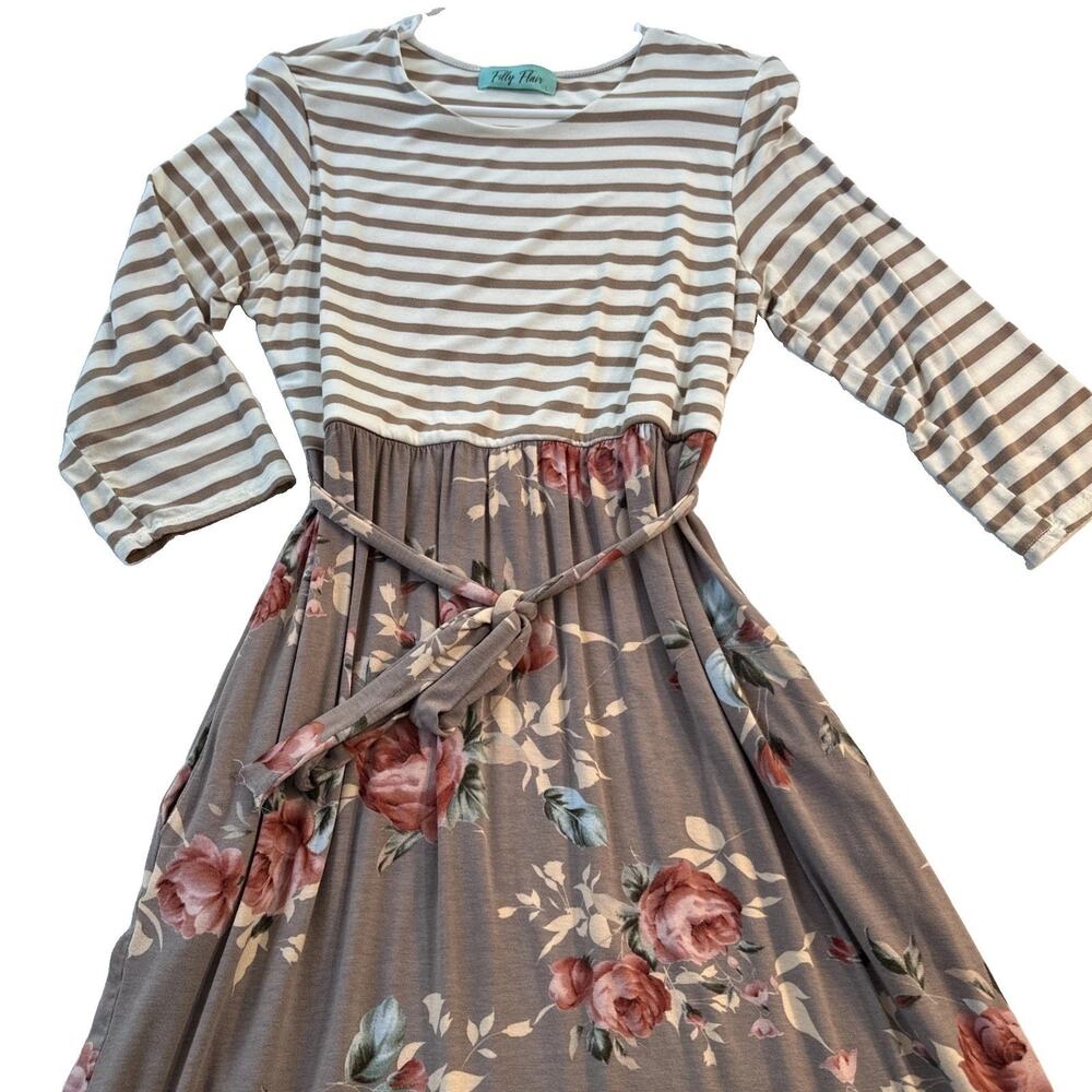 Filly Flare Maxi Dress Striped Top Floral Bottom Tie Waist Size L Long Prairie